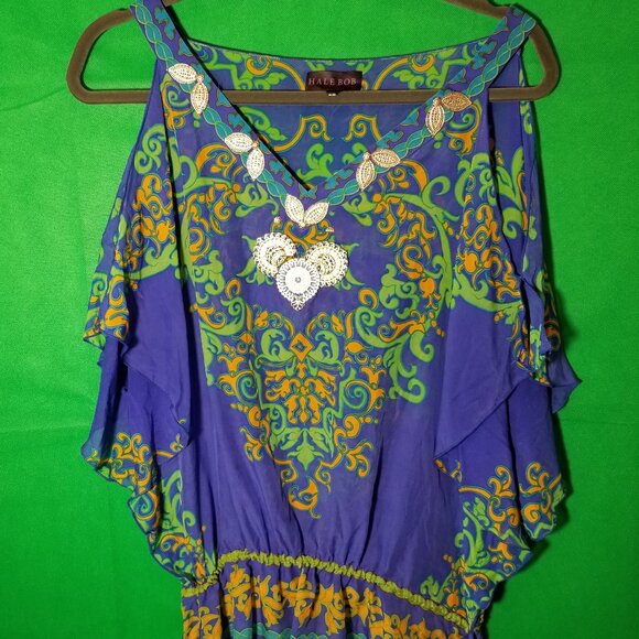 Hale Bob Womens Small Cold Shoulder Blouse Silk Boho Festival Green Blue - Picture 1 of 7